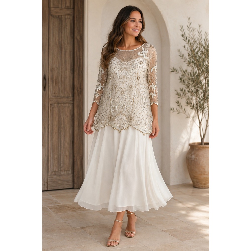 Peak Evenings 4X Beaded Sequin Chiffon Dress Ivory Gold Art Deco Formal